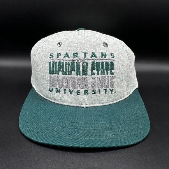 VINTAGE MICHIGAN STATE SPARTANS Gray / Green Spellout Snapback Hat Made In USA - Picture 2 of 9
